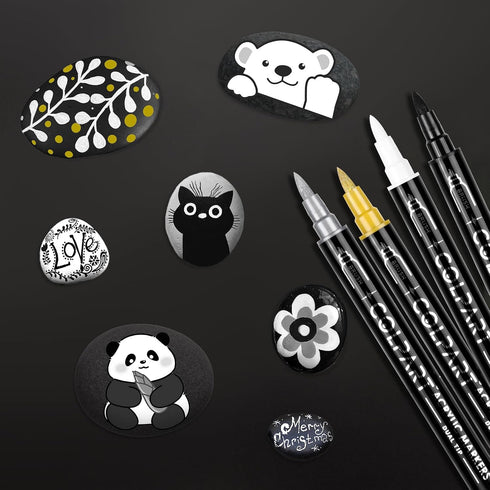HuiSikoo 4 Pack (4 Paint Marker, Dual Tip Acrylic Paint Pens with Medium Tip and Brush Tip, Ideal for Wood, Rock