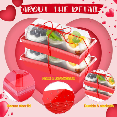 200 Pcs Charcuterie Boxes - Disposable Rectangle Cookie Boxes with Clear Lids and Rope for Bakery, 7.5'' Red Dessert