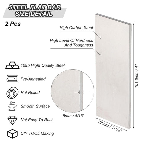 PATIKIL 2 Pack Spring Steel 1095 for Knife Making Steel, 4" x 1 1/2" x 4/16" Steel Flat Bar for DIY Blank Sheet Metal, Professional and Hobbyist Use
