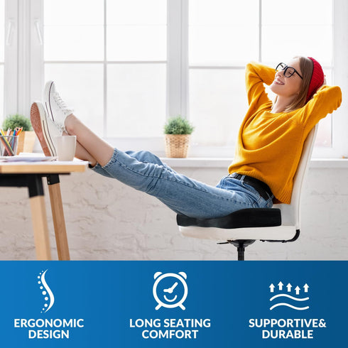 Seat Cushion for Office Chair & Car - Memory Foam Coccyx Support Pillow with Non-Slip Cover, Sciatica & Lower Back Pain