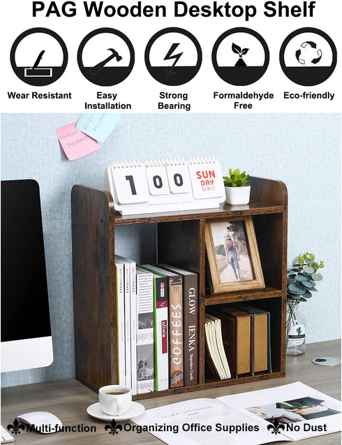 PAG Desktop Shelf Freestanding Wood Small Bookshelf, Desk Supplies Organizer and Storage Display Rack