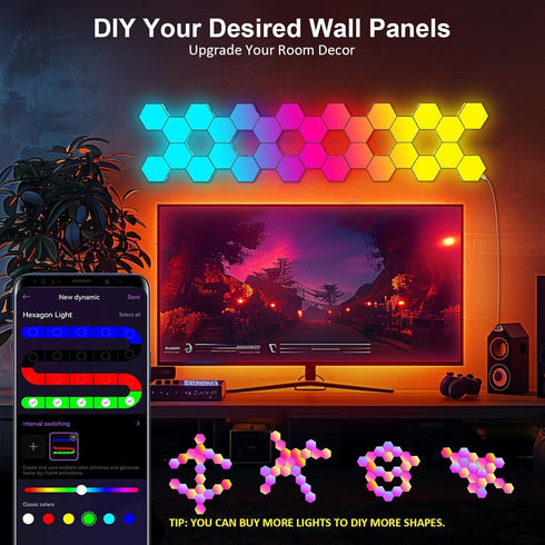 8 Pack Kangtaixin Hexagon LED Lights - RGB Wall Panels with Music Sync, Smart App & Remote Control, DIY Modular Hex