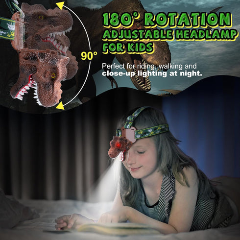 Kids Dinosaur Headlamp Flashlight - Rechargeable LED Headlights with Roar & Silent Mode, T-Rex Toys