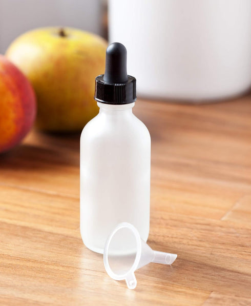 JUVITUS 2 oz Clear Glass Frosted Boston Round Bottle with Black Dropper Top (12 pack) + Funnel for Essential Oils