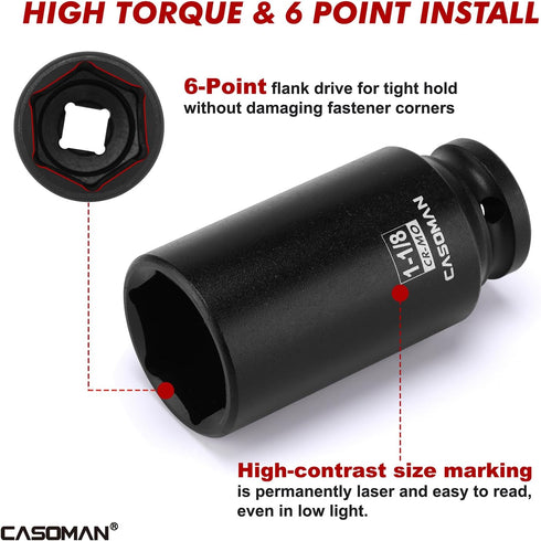 14PCS 1/2" Set, 6-Point, 3/8" 1-1/4", CASOMAN Drive Deep Impact Socket SAE, CR-MO, to for Auto Repair, Mechanic