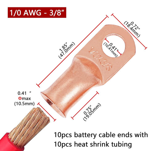 TKDMR 10pcs 1/0 AWG-3/8 Heavy Duty Battery Lugs, Ring Terminals, Battery Cable Ends with 10pcs 3:1 Heat Shrink Tubing