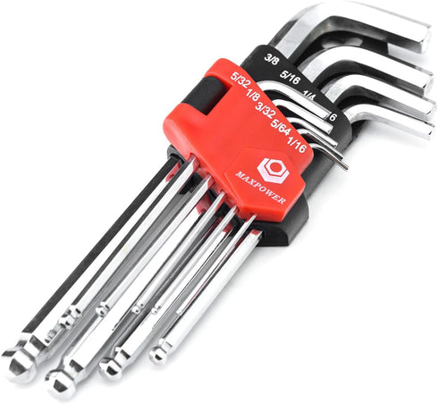 MAXPOWER 9PCS Long Arm Ball End Hex Key Wrench Set, Industrial Grade Allen Wrenches, CR-V Steel, SAE Size 1/16 - 3/8