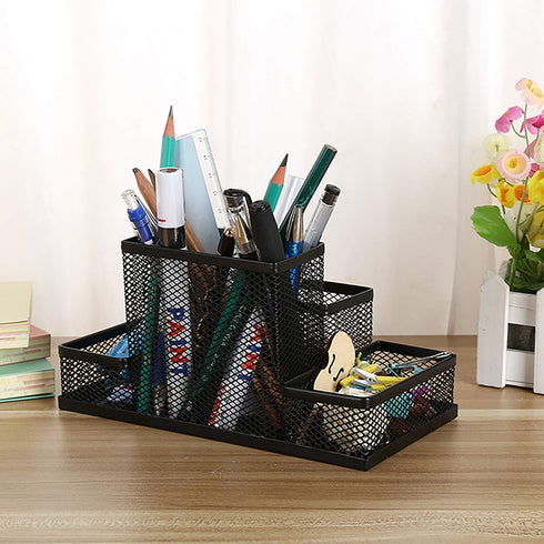 Pen Holder Metal Wire Mesh Pencil Container, 4 Divided Compartments, Home Office Supplies Desktop Accessory Organizer