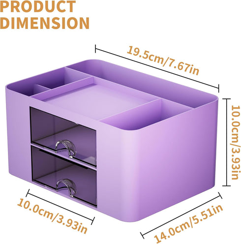 Marbrasse Pen Organizer, Multi-Functional Pencil Holder with 2 Drawers, 5 Compartments for Office Art Supplies (Purple)