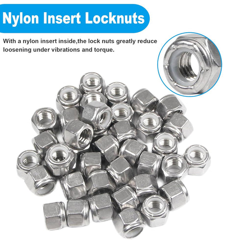 Yinpecly 110PCS 1/4"-20 Nuts,304 Nylon Insert Hex Lock Stainless Steel Locknuts,Hex Drive,Coarse Thread,Self-Locking