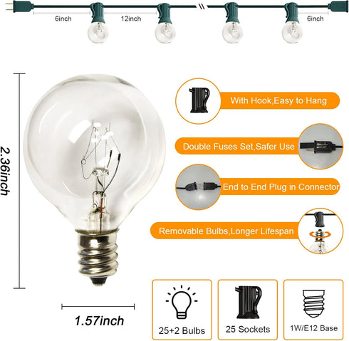 25 G40 27 Bulbs,Weatherproof Outdoor String Lights Ft Patio Lights with Edison Incandescent Connectable Hanging