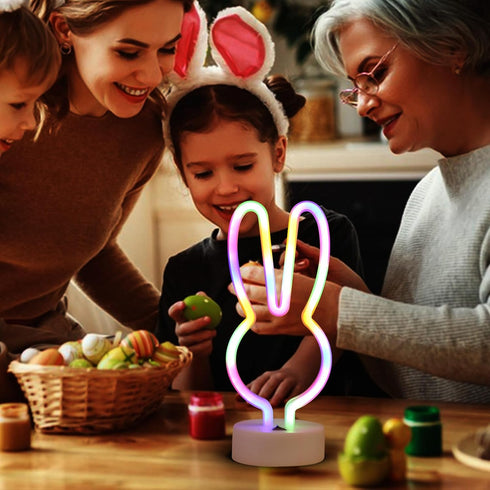 Welpurch Bunny Shape LED Neon Signs, Colorful Rainbow Rabbit Neon Lights USB/Battery Powered Night Lights with Base