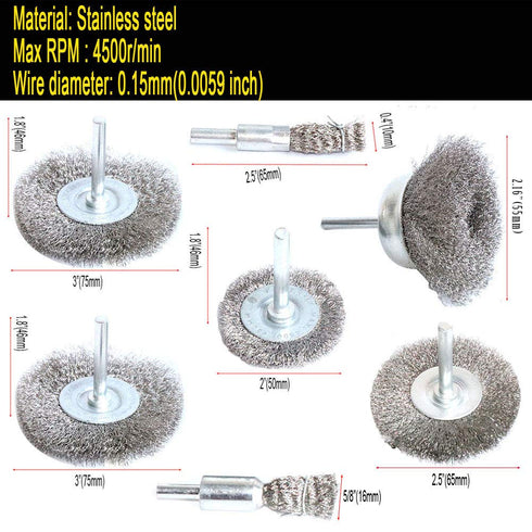 Stainless Steel Wire Wheel Brush Kit & Crimped Cup Brush for Drill, 0.0059 Inch Fine Wire, 7pcs