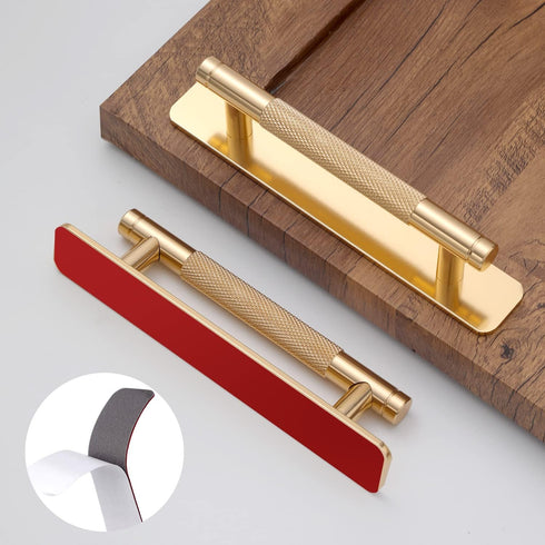 2 Pack 5 Inch Gold Barrel Knurled Cabinet Handles, Self-Adhesive Aluminum Pulls for Drawer Sliding Door