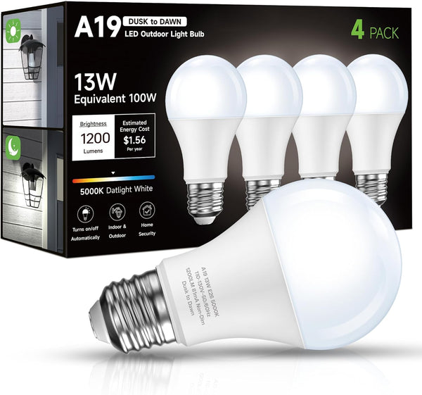 Dusk to Dawn Sensor LED Outdoor Light Bulb, A19 13W (100 Watt Equivalent), Daylight White 5000K, 1200LM, 4-Pack