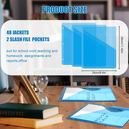 Seajan 48 Pcs 3 Hole Punch Binder Folders, Clear Poly Translucent Slash File Jacket Organizer for Paper Document