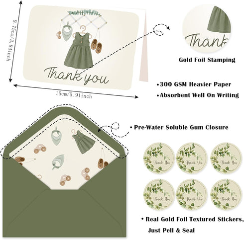 50 Pack 50 Sage Green Baby Shower Thank You Cards with Envelopes for Guests, Thank You Cards Bulk Blank Inside