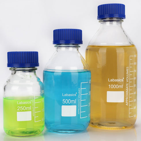 Round Media Storage Bottles with GL45 Blue Screw Cap, Borosilicate Glass Clear Wide Mouth Graduated Lab Bottle, 250 ml