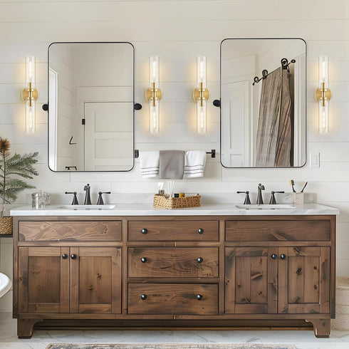 2-Light Lanhall Brushed Brass Gold Bathroom Light Fixtures Over Mirror Modern Vanity Light Wall Lighting with Clear
