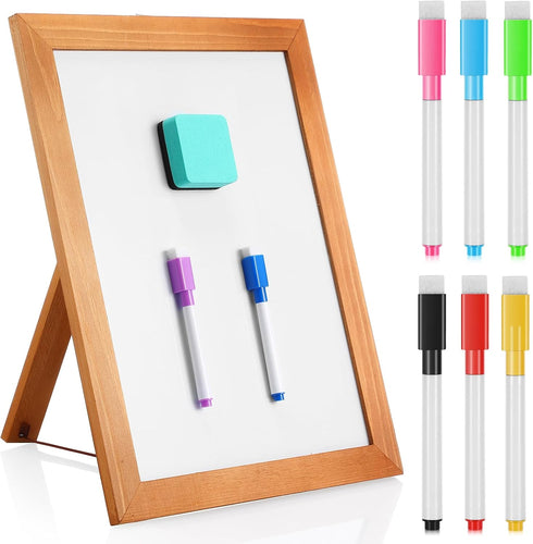 Desktop Whiteboard with Stand, 14"x11", Wooden Frame, 8 Marker Pens, 1 Magnetic Eraser for School Office Restaurant