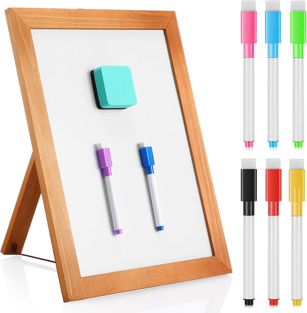 Desktop Whiteboard with Stand, 14"x11", Wooden Frame, 8 Marker Pens, 1 Magnetic Eraser for School Office Restaurant