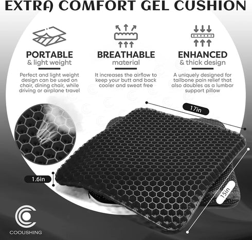 Cooushing Gel Seat Cushion, for Long Sitting -Double Thick Gel Seat Cushion Breathable Honeycomb Chair Cushion