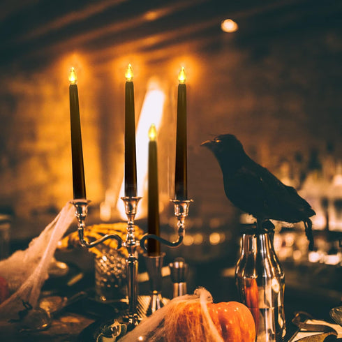 9 4 CANDLE CHOICE Black Halloween Flameless Taper Candles with Timer Tall Long Flicking Fake Battery Operated Electric