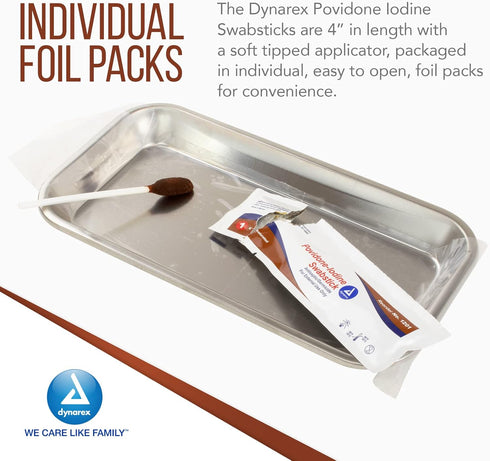 Dynarex Povidone Iodine Swabsticks, Antiseptic for Skin Preparation, Brown, 1 Box of 50 Swabsticks Packaged in