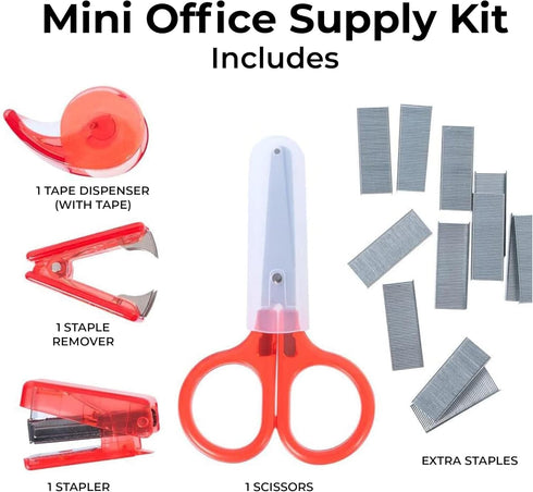 Mini School Supplies Kit — Aesthetic Mini Stapler — Mini Tape Dispenser Mini Scissors — Mini Office Supply Kit for Kids — Tiny Notary Supplies —includes Mini Stapler Staples Refill — Red by Travel Depot