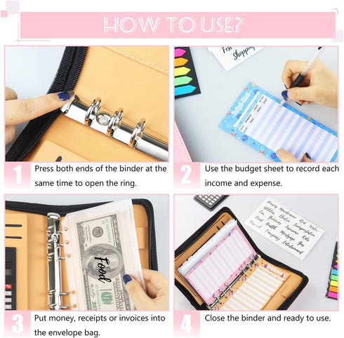 Budget Binder with Zipper Envelopes - Cash Envelopes for Budgeting, A6 PU Leather Planner with Calculator