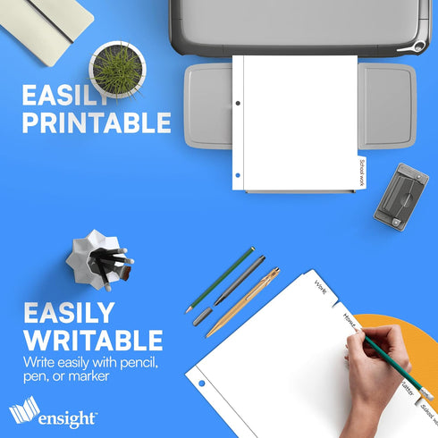 Ensight 3 Ring Page Dividers, Bulk 1/5 Cut Tab Dividers, 100 Per Box, Decorative Printable Rewritable Tabs