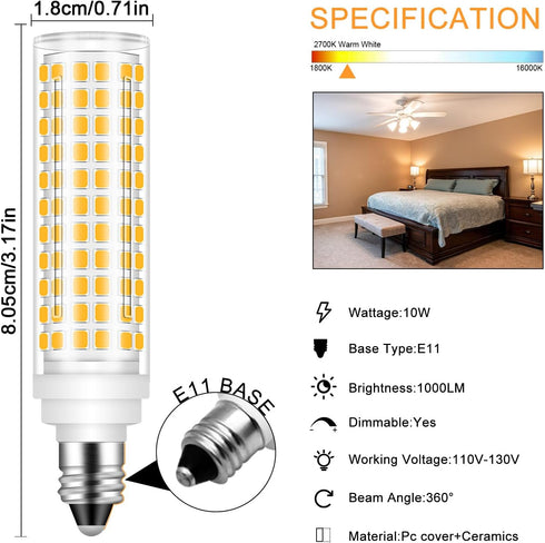 JDE11 LED Bulb 100W Halogen Bulbs Equivalent,T4 Mini Candelabra E11 LED Bulb Dimmable,Warm White 3000K,10W 1000LM JDE11 120V 100W LED for Ceiling Fan Pendant Lighting,5 Pack by Megereet