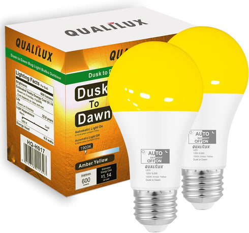 Dusk to Dawn Bug Light Bulbs Outdoor, 1900K Amber Yellow, 600 Lumen, LED 9.5W, A19 E26, 2-Pack