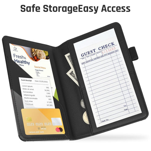 6 5.12" 7.91", RSAquar Premium Server Book with Kickstand & Hand Strap Waiter Book Organizer with Pockets, Pen Holder