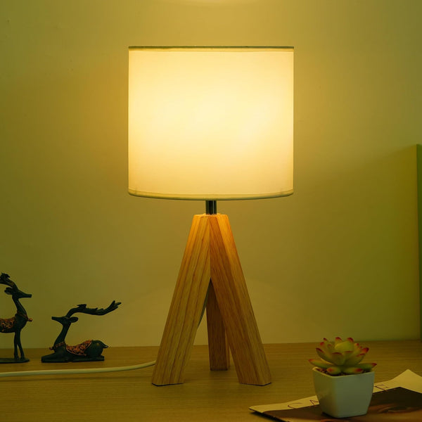YSJUENAII Modern Small Tripod Table Lamp with Wooden Base, White Fabric Shade, Bedside