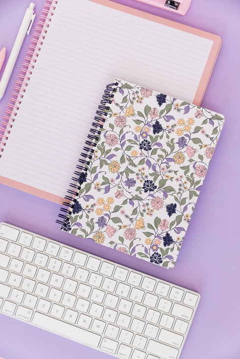 Steel Mill & Co Cute Floral Mini Spiral Notebook, 8.25" x 6.25" Journal with Durable Hardcover, 160 Lined Pages, Purple