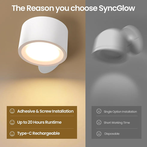 3CCT Dimmable, 360Rotation White-1 Pack LED Wall Mounted Lamps, Battery Operated Rechargeable Wall Lights,