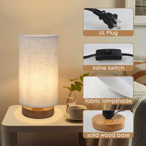 Small Bedside Night Table Lamp for Bedroom, Minimalist Nightstand Lamp with Round Fabric Linen Shade for Kids Room