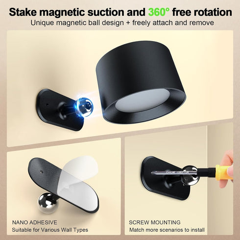 3 360Rotation Dimmable (2-Pack) LED Wall Mounted Lights, Rechargeable Battery Operated Wall Sconces Lamp Colors Temps