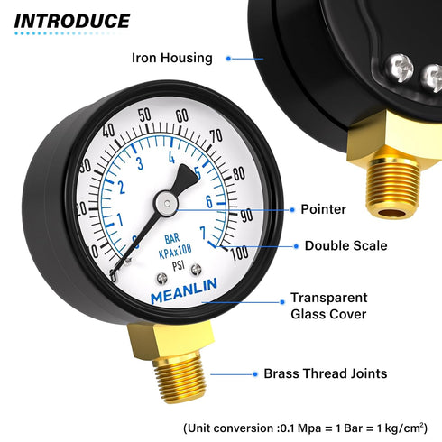 MEANLIN MEASURE 0-100Psi 2" DIAL FACE Well Pump Pressure Gauge, with 1/4" NPT and 3/8" NPT Hex Bushing
