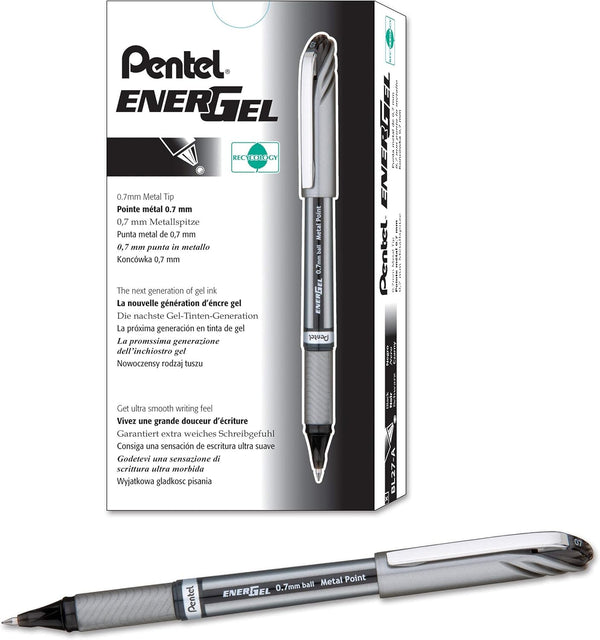 Pentel BL27A EnerGel NV Liquid Gel Pen, .7mm, Black Ink, Gray Barrel, Dozen
