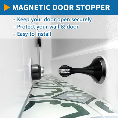 Magnetic Door Stopper, Self Adhesive Black Door Catch Holder for Wall or Floor Mounted, Stainless Steel