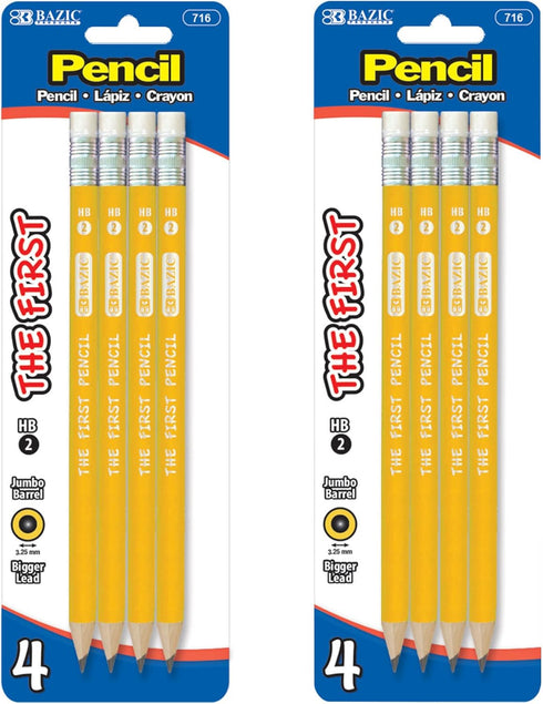 BAZIC Pencil Wood Pre-Sharpened #2 HB Jumbo Pencils - Premium Yellow Pencils for School Office (4/Pack), 2-Packs