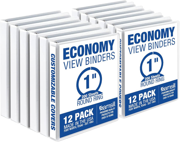 Samsill Economy 1 Inch 3 Ring Binder, Made in The USA, White, 12 Pack