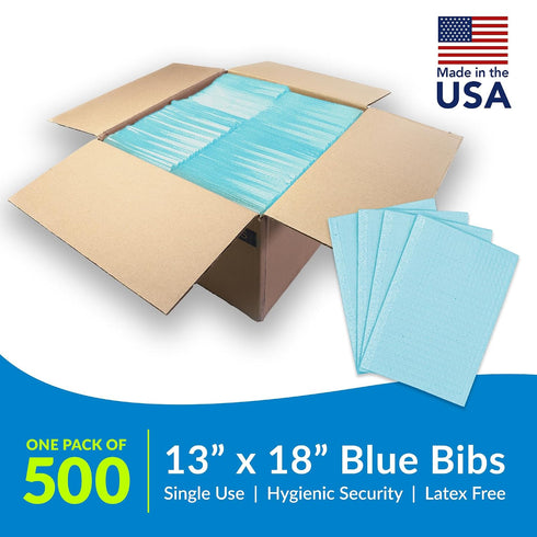 4 13 18 (Pack 500) 3-Ply (917403) TIDI Ultimate Dental Bib, Blue, Layers, W x L of Disposable Dental Bibs Embossed