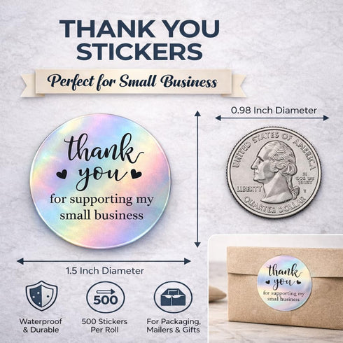 IBAKE 500 1.5 Inch Packaging PCS Holographic Thank You for Supporting My Small Business Stickers Round Self-Adhesive