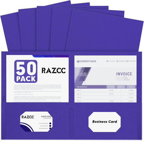 RAZCC 50 Pack Two Pocket Folders, Purple, Fit Letter Size Paper, Pockets for School Office Business Home