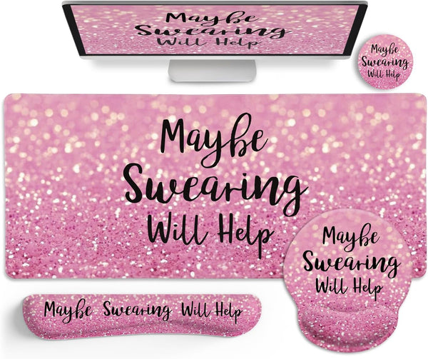 Pink Desk Mat Set, Ergonomic Mouse Pad with Wrist Rest, Large Desk Mat for Desktop, Gaming Mousepad Cup Coaster