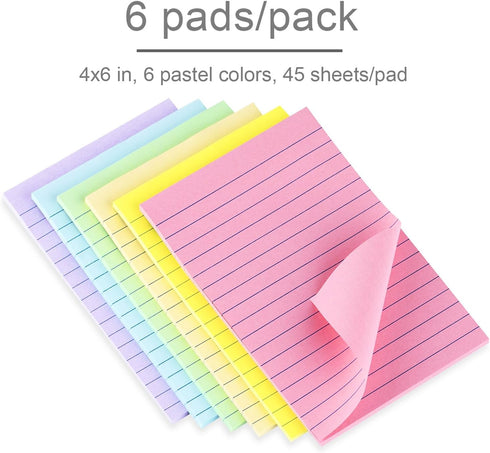 Vanpad Lined Sticky Notes 4X6 in Pastel Ruled Post Stickies, 45 sheets/pad, 18 Pads/Pack