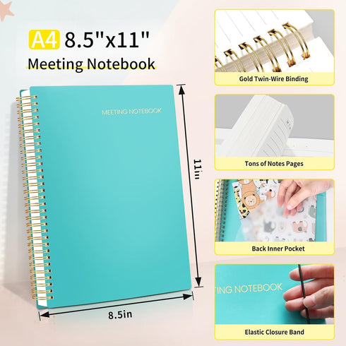 SUNEE A4 Size Meeting Notebook with Action Items - 160 Pages, Spiral Project Planner for Note Taking, Teal